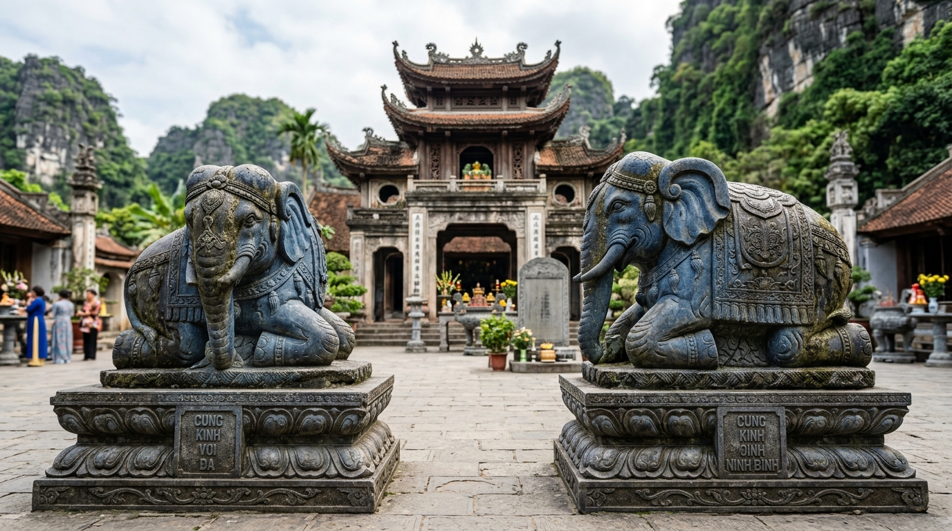 Đôi tượng voi đá tự nhiên nguyên khối chầu sân đình chùa Ninh Bình