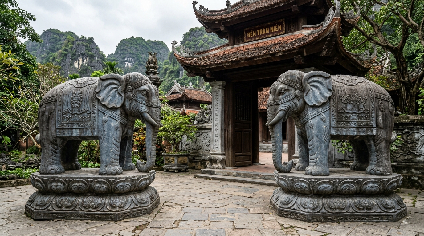 Đôi tượng voi đá đứng chầu cổng tam quan chùa cổ