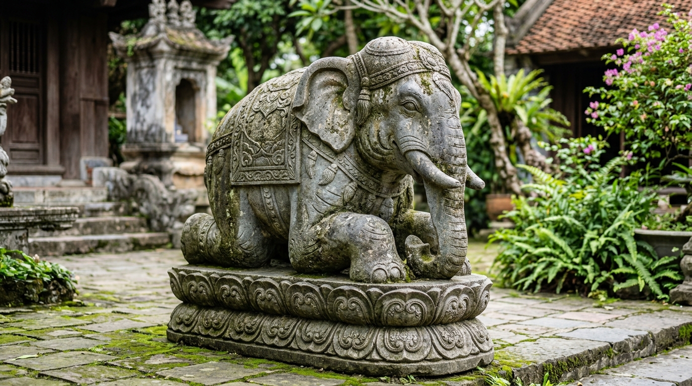 Mẫu tượng voi đá quỳ phục chạm cánh sen đá xanh rêu nguyên khối